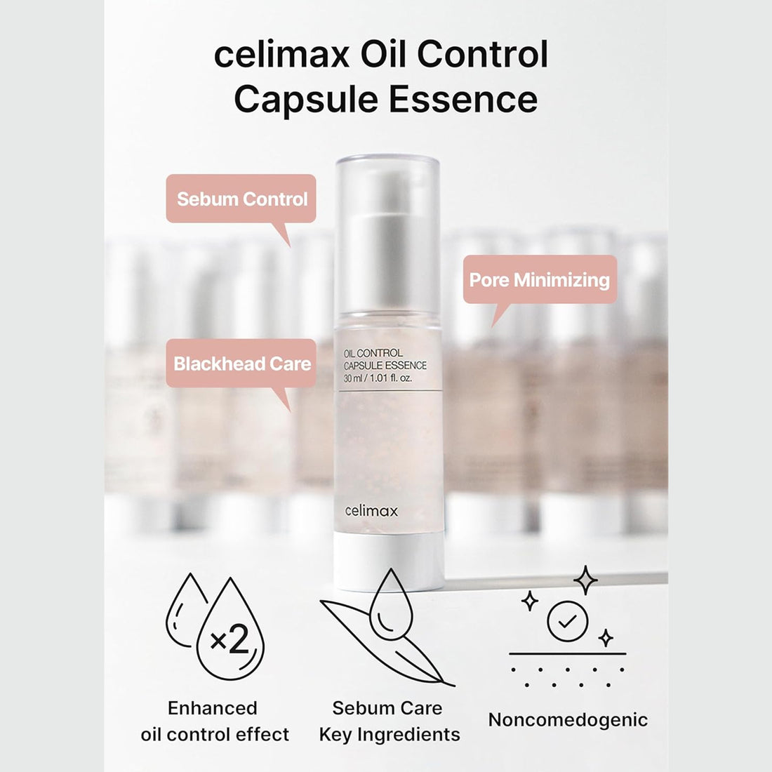 celimax Oil Control Capsule Essence bottle with features highlighted on a light gray background