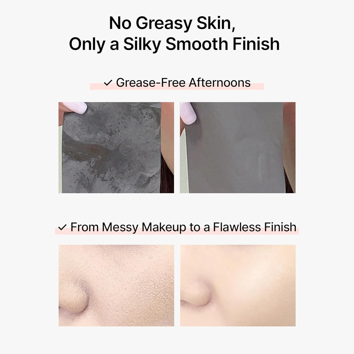Product comparison showing texture and smooth finish with text 'No Greasy Skin, Only a Silky Smooth Finish'.