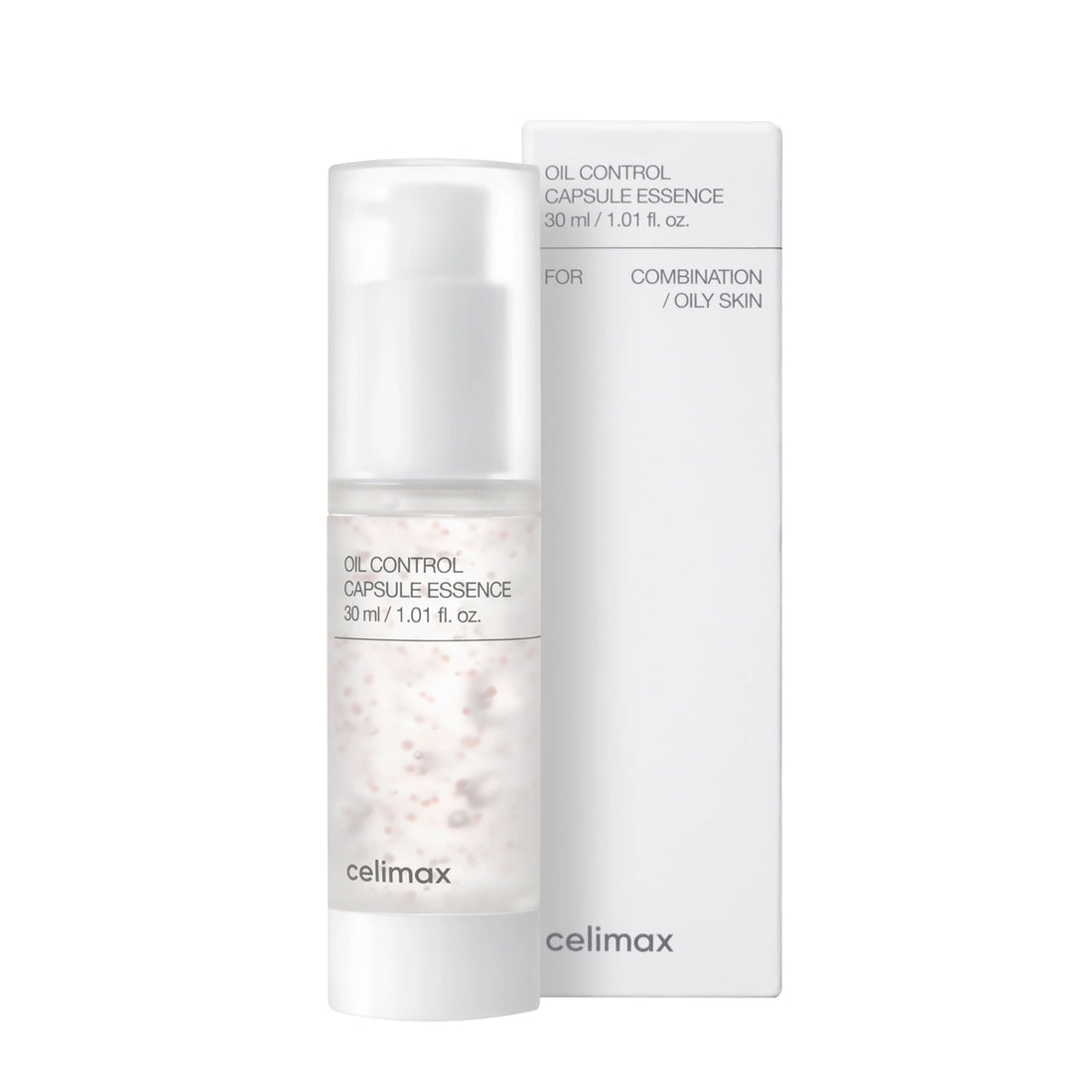 Oil control capsule essence bottle with packaging on a white background