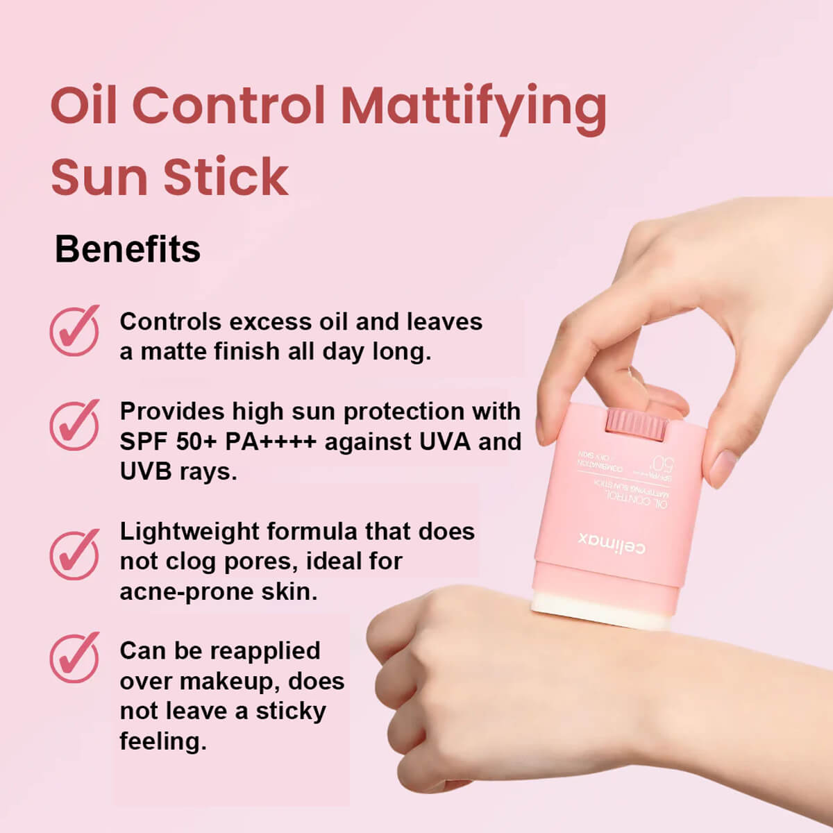 Oil control mattifying sun stick with benefits listed on a pink background