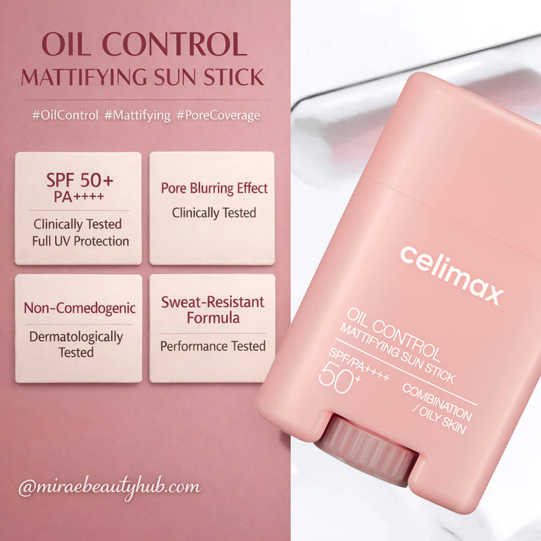 Celimax oil control mattifying sun stick with product details on a pink background
