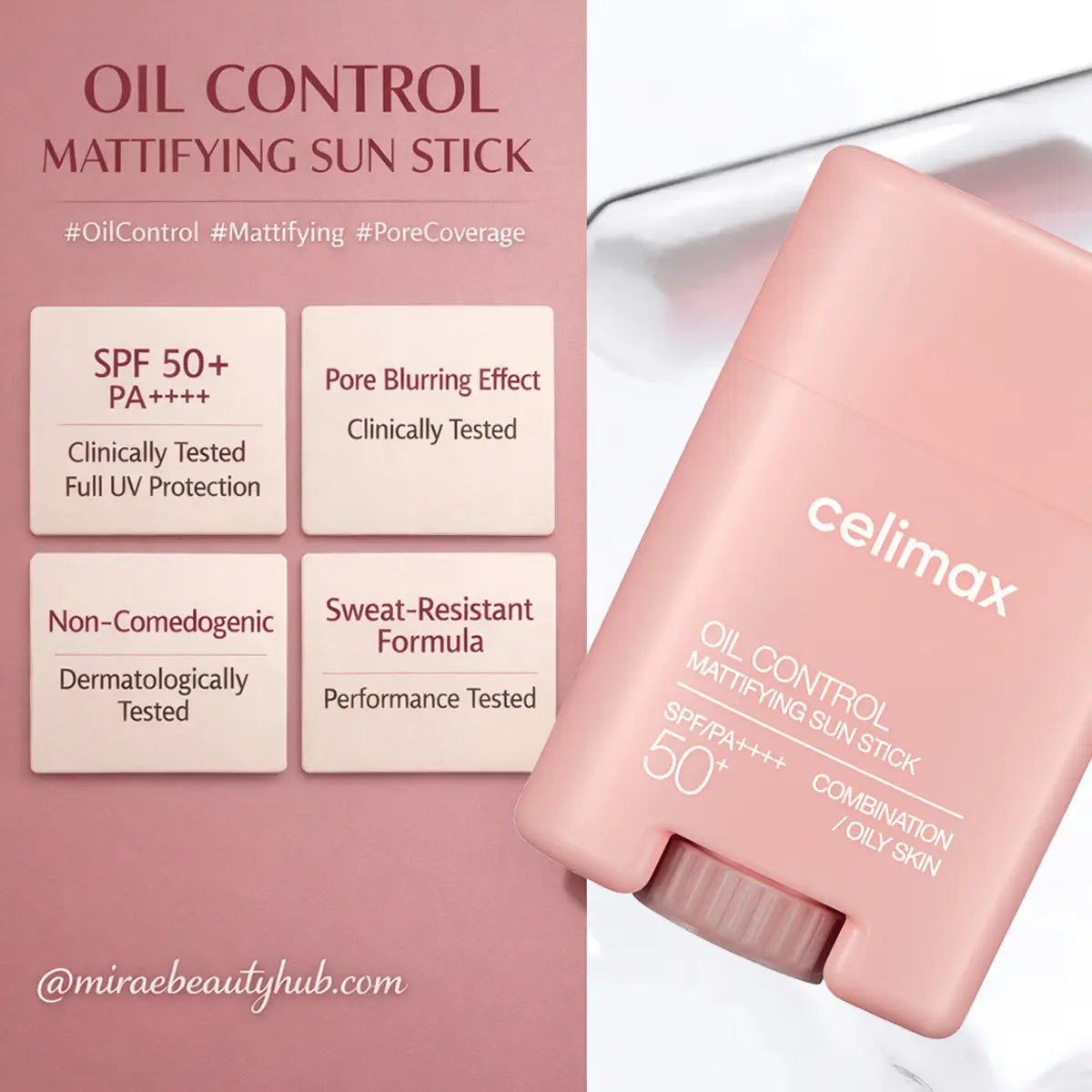 Celimax oil control mattifying sun stick packaging with features on a pink background