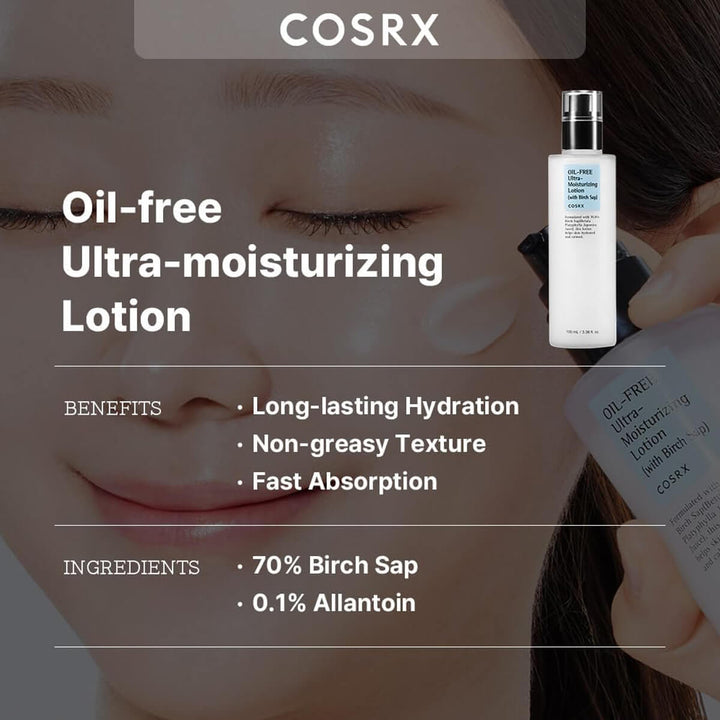 COSRX oil-free ultra-moisturizing lotion with product and benefits displayed.