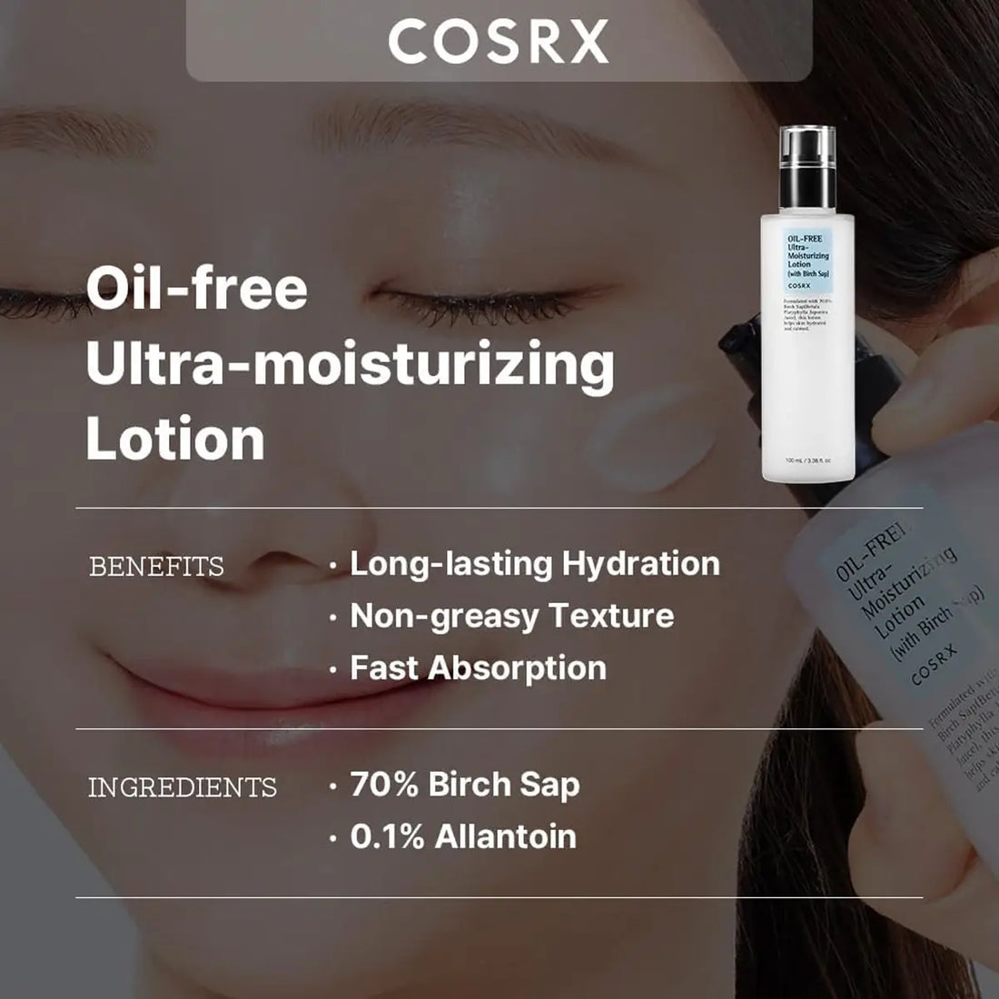 COSRX oil-free ultra-moisturizing lotion with product and benefits displayed.