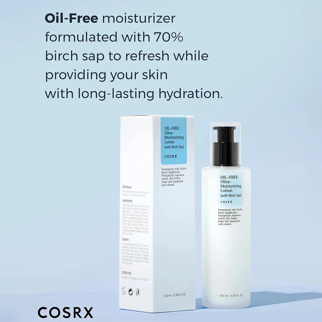 COSRX oil-free moisturizer with packaging on a light blue background