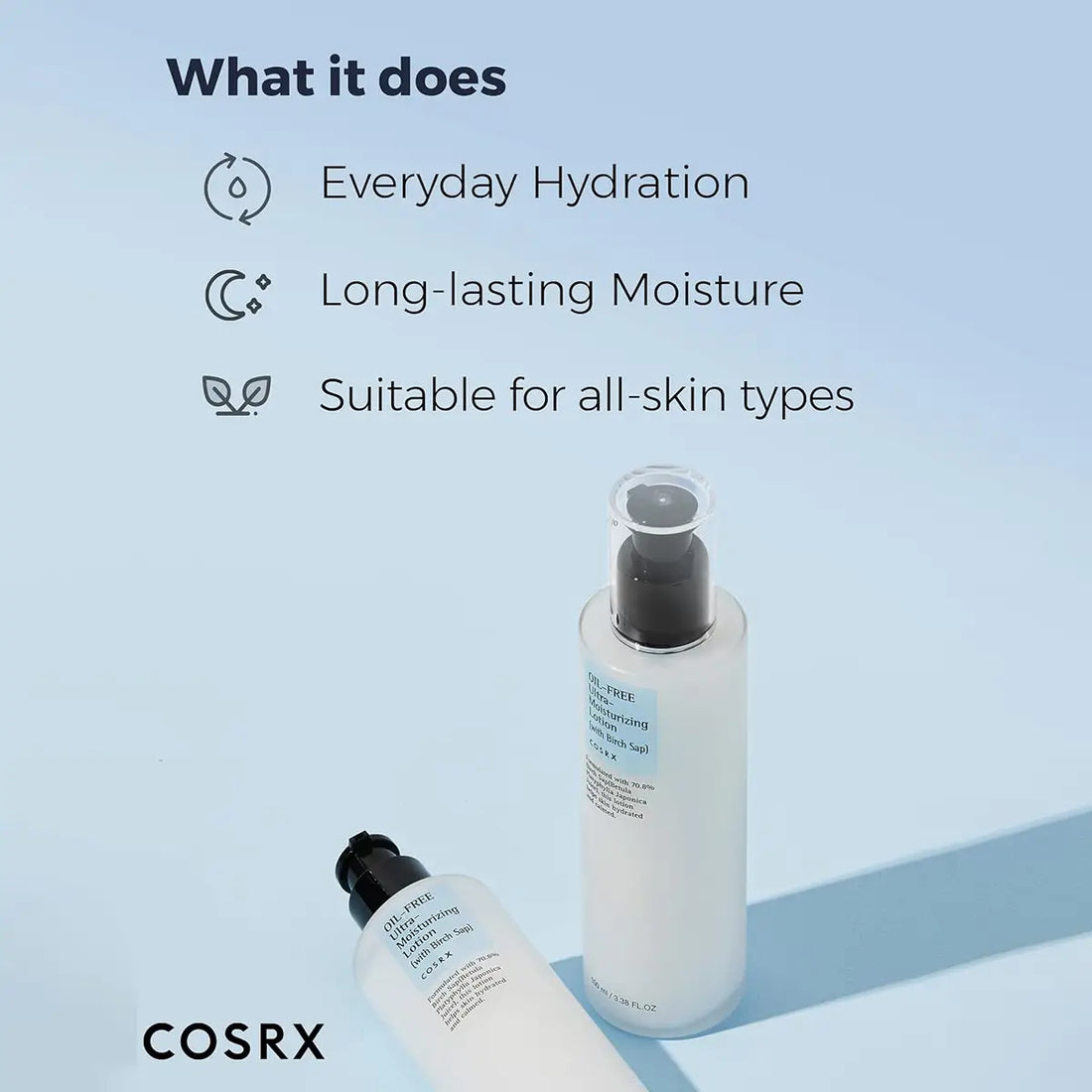 Cosrx skincare products with text on everyday hydration, long-lasting moisture, and suitability for all skin types.