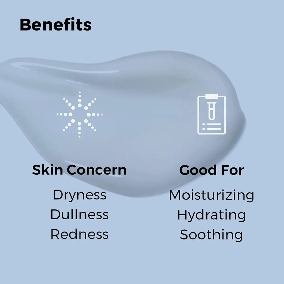Product benefits for skin concerns on a blue background