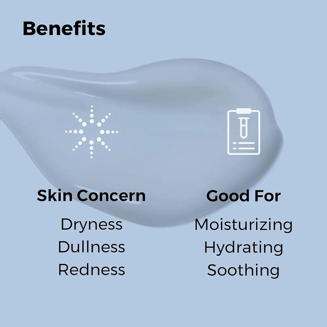 Product benefits for skin concerns on a blue background