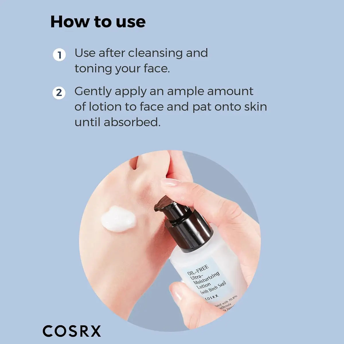 Cosrx lotion bottle with application instructions on a light blue background