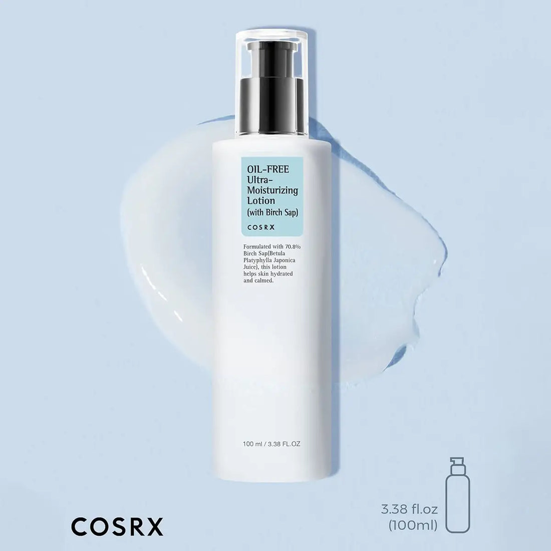 Cosrx oil-free ultra-moisturizing lotion bottle on a light blue background