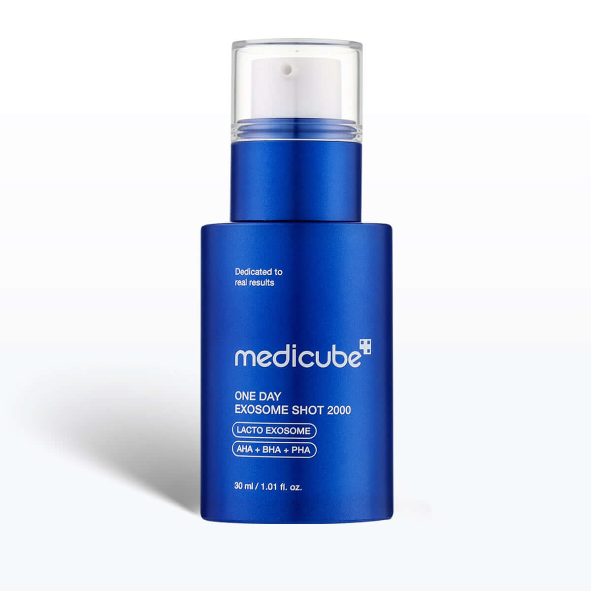 Blue bottle of Medicube One Day Exosome Shot 2000 on a white background