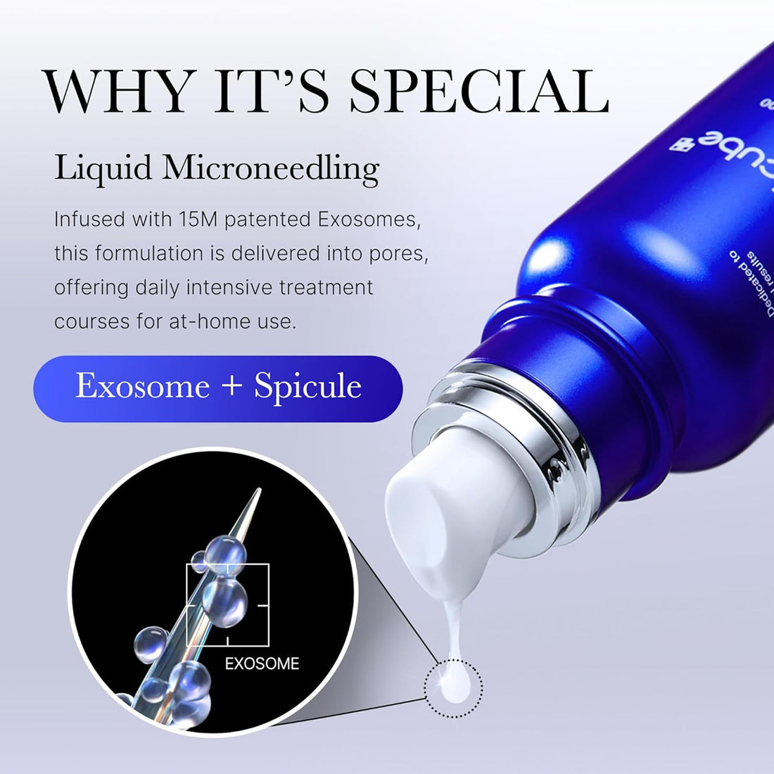 Blue skincare serum bottle with exosome and spicule illustration on a light gray background