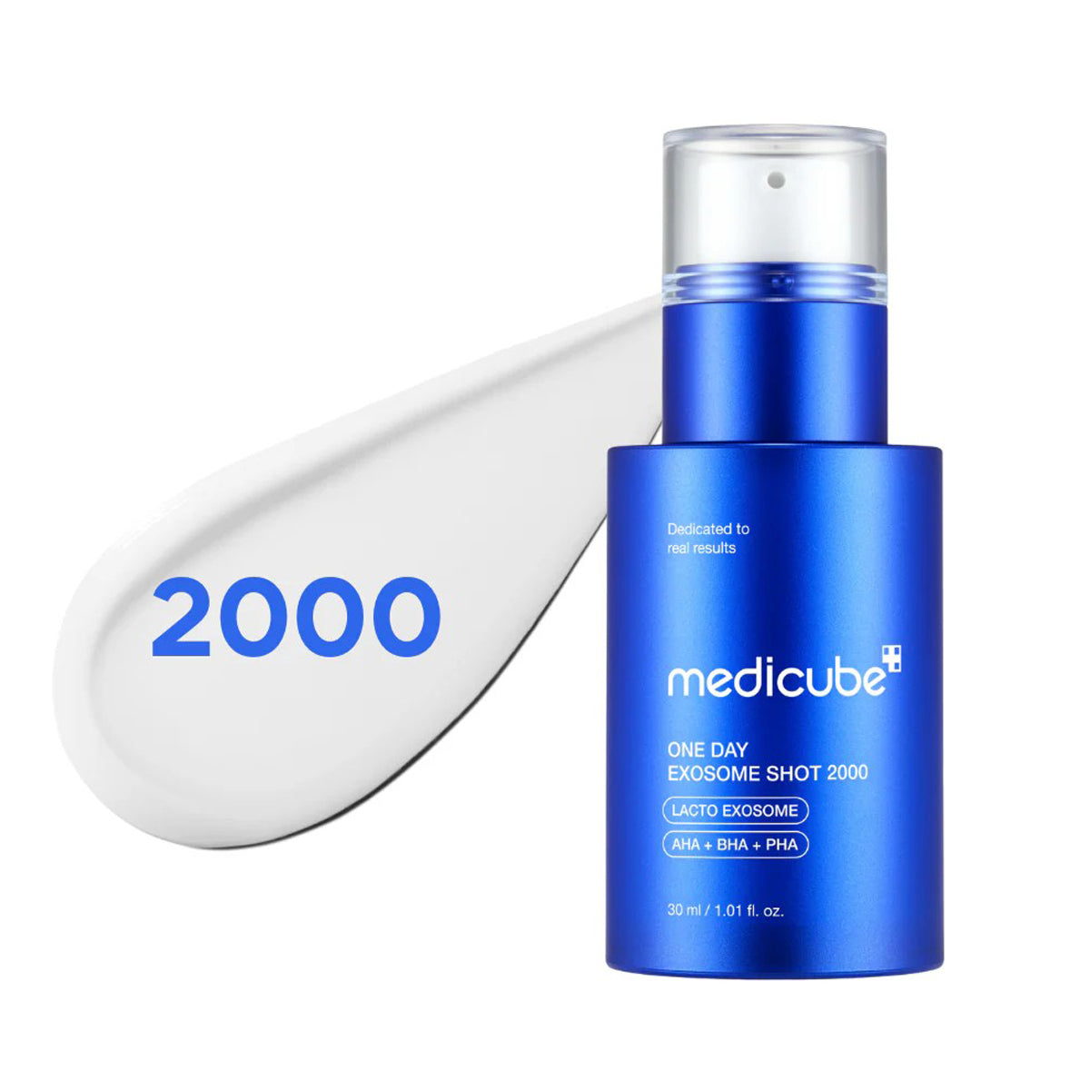 Blue skincare serum bottle with 'medicube' branding on a white background
