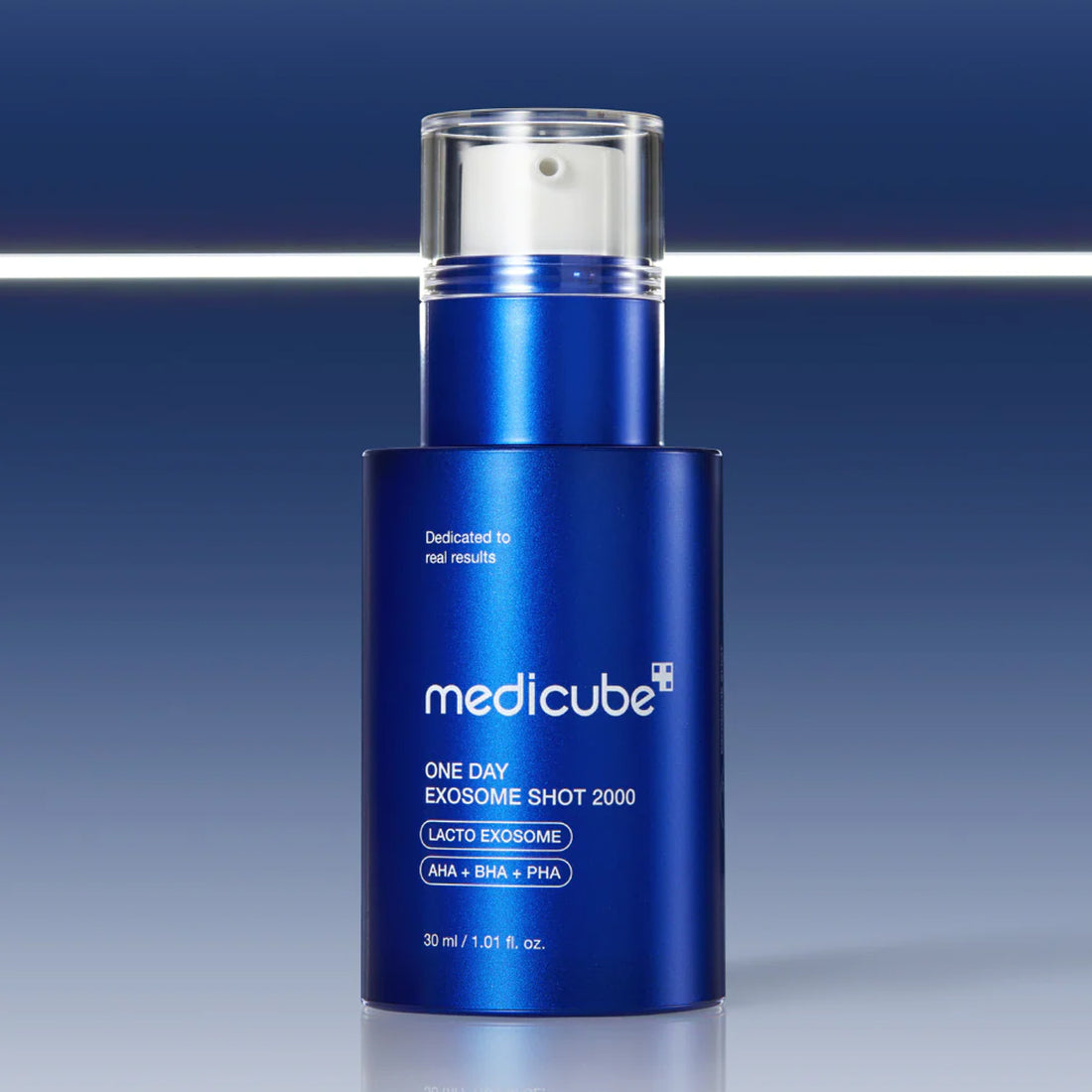 Blue skincare bottle with Medicube branding on a gradient blue background