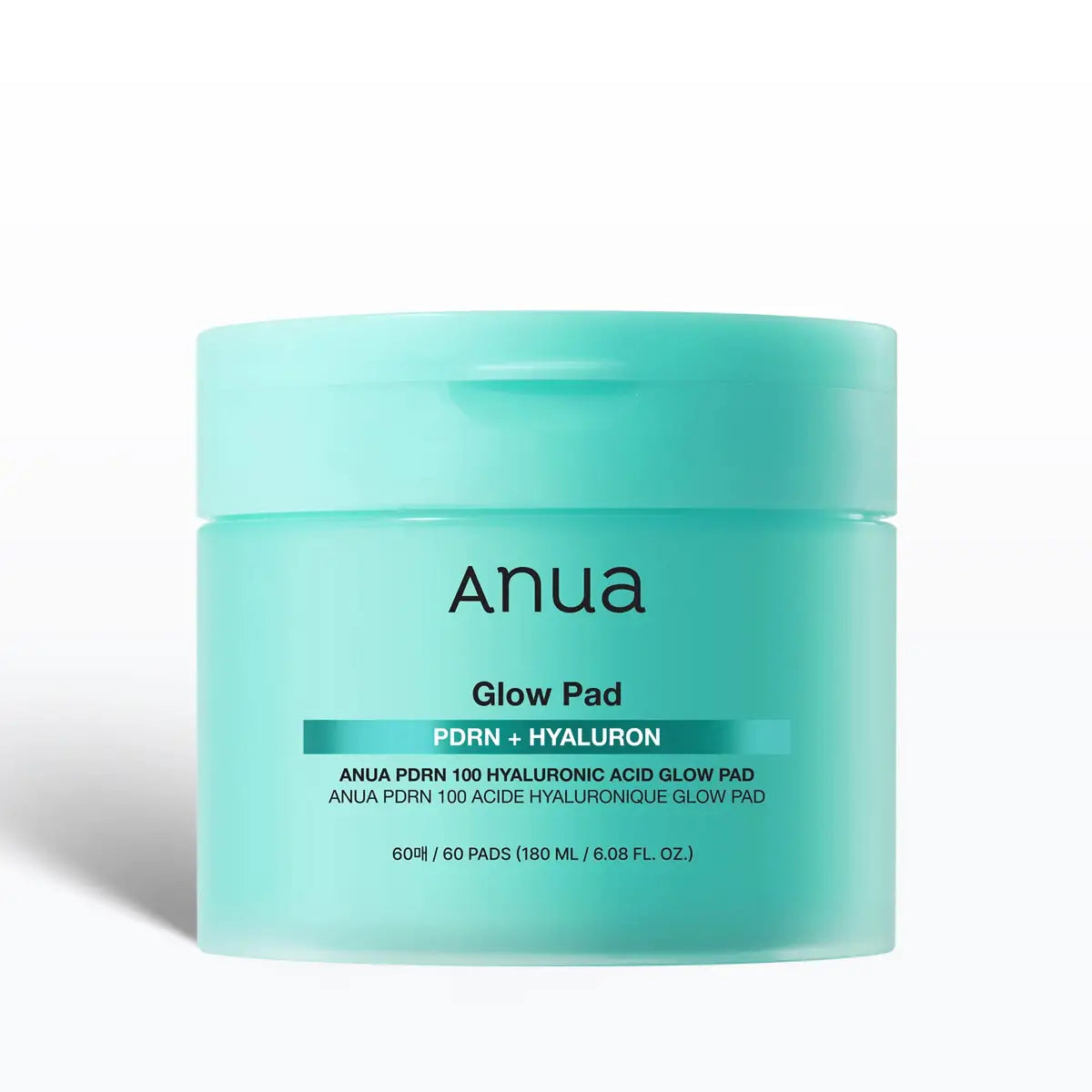 Turquoise jar of Anua Glow Pad on a white background
