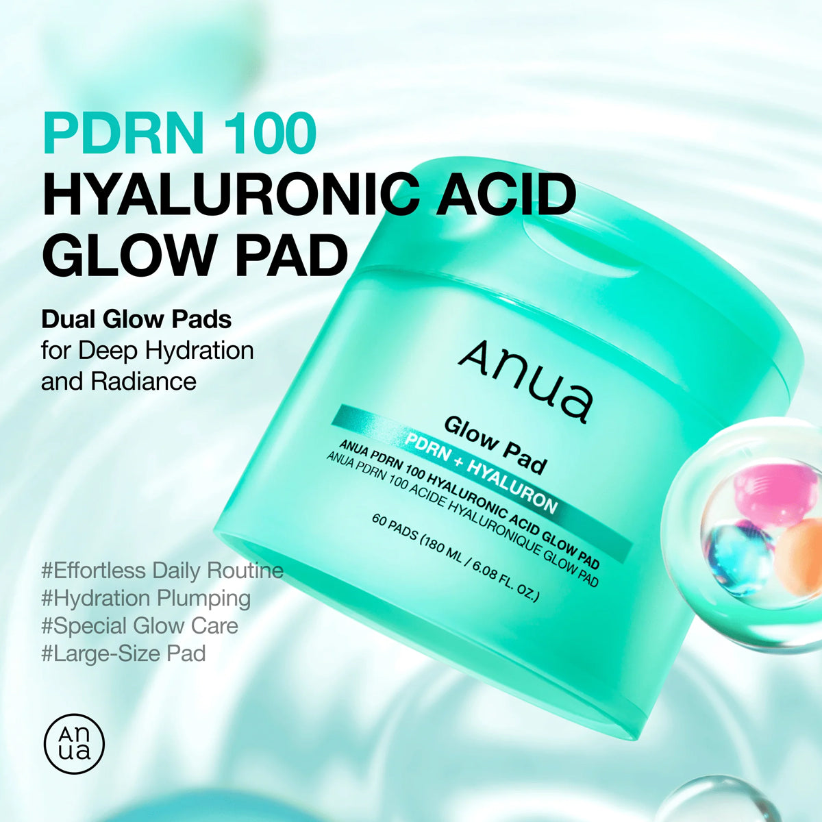Anua PDRN 100 Hyaluronic Acid Glow Pad packaging with product and text on a light blue background