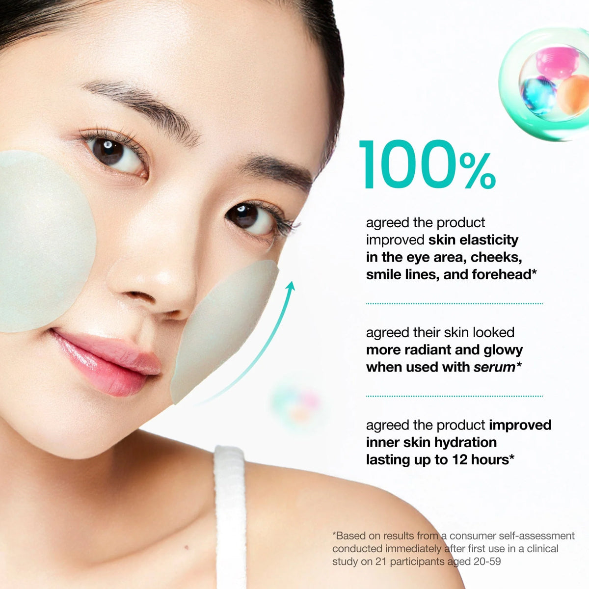 Advertisement for a skincare product showing a woman's face with text about product benefits.