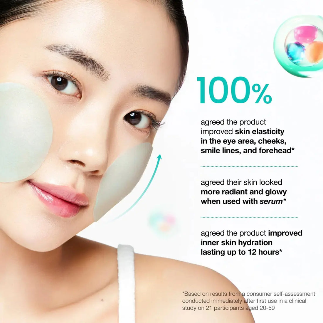 Advertisement for a skincare product showing a woman's face with text highlighting product benefits.