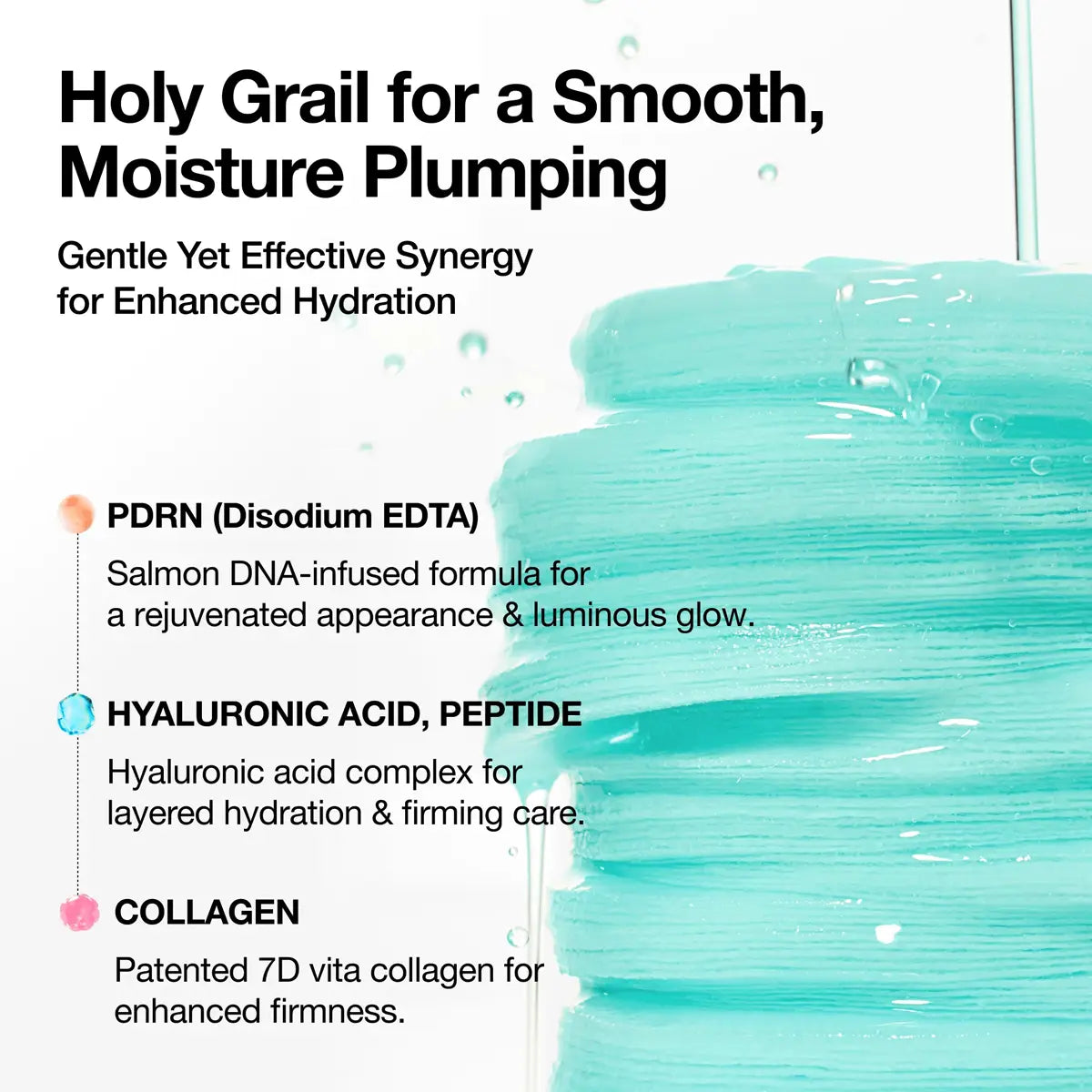 Cosmetic product with text highlighting ingredients and benefits on a white background