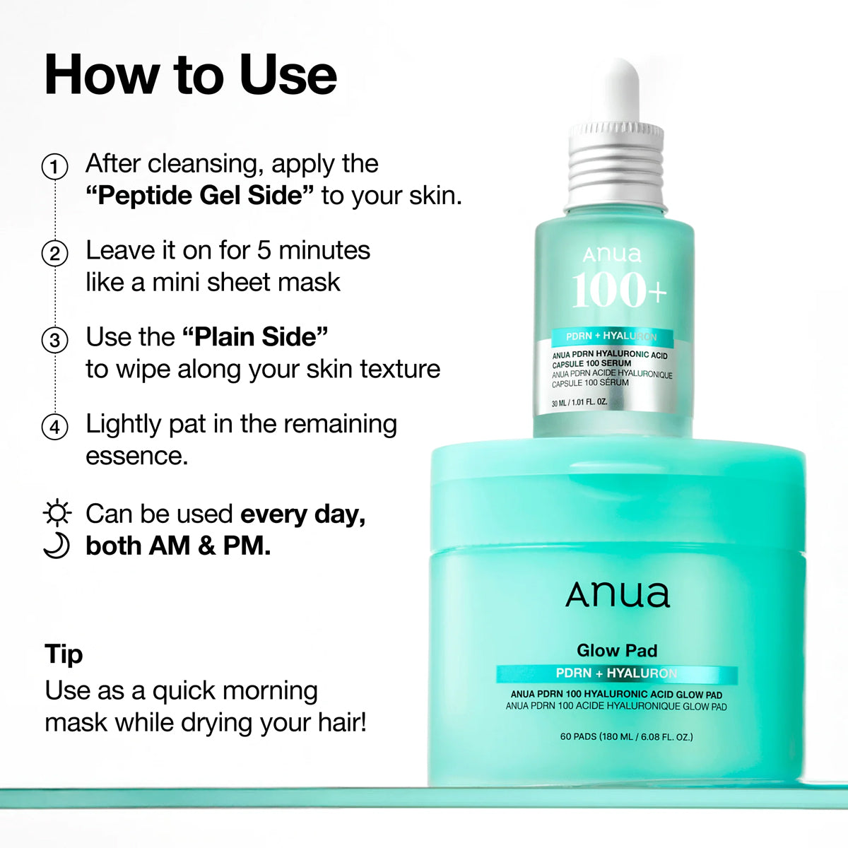 Anua skincare product with usage instructions on a white background