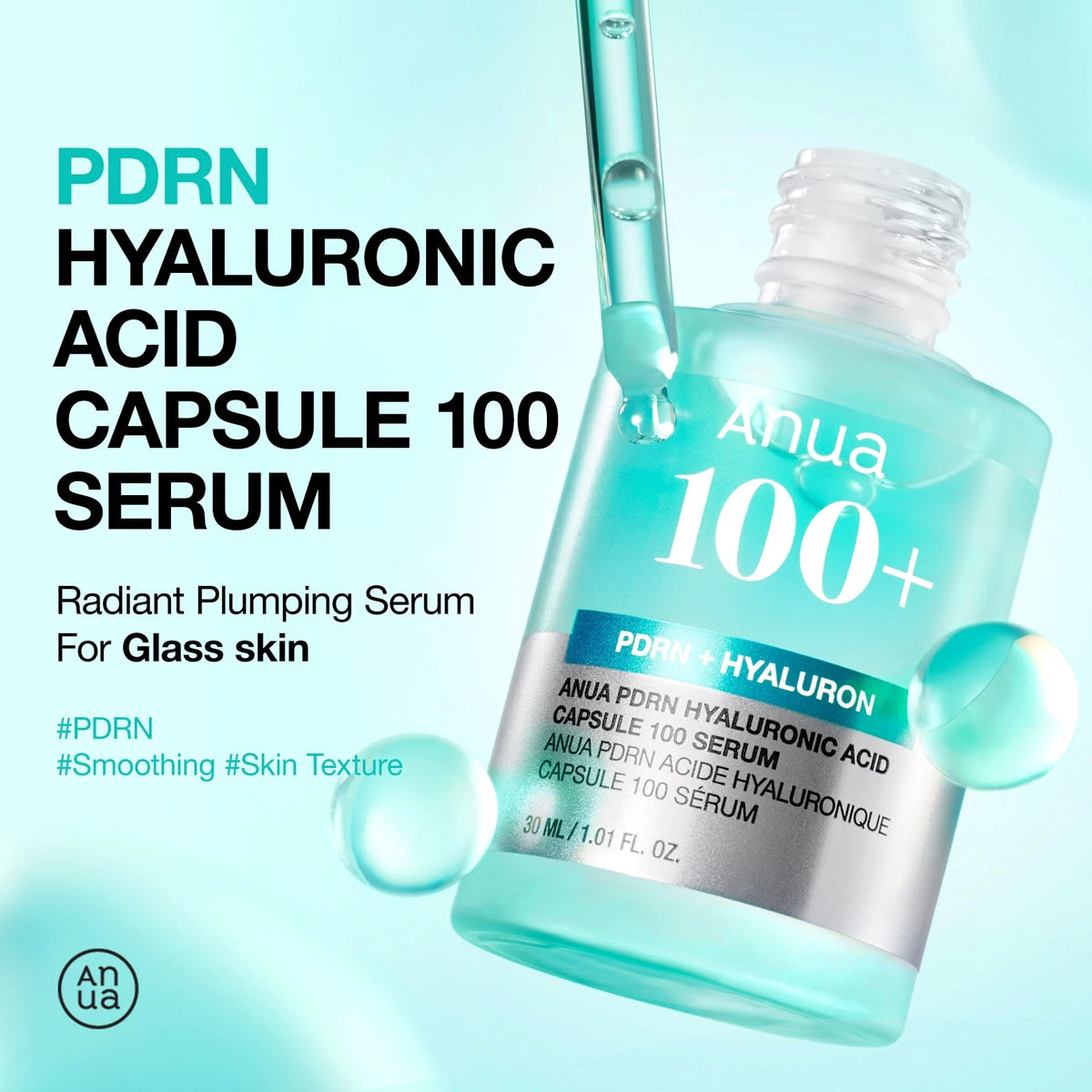 Anua 100+ Hyaluronic Acid Capsule Serum bottle with dropper on a light blue background