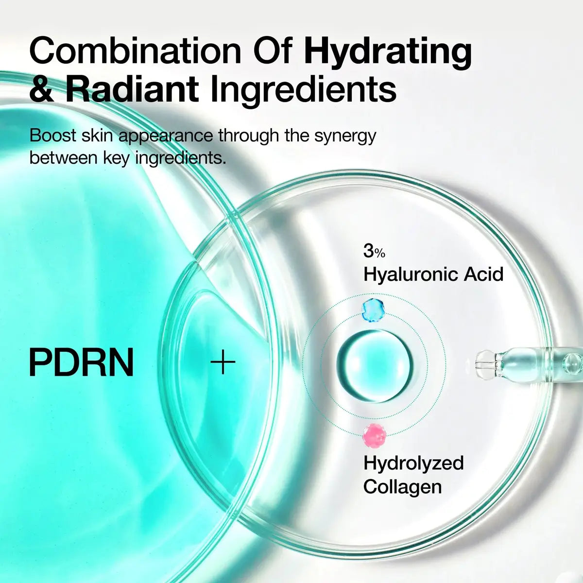 Diagram of hydrating and radiant ingredients with PDRN, hyaluronic acid, and hydrolyzed collagen on a white background.