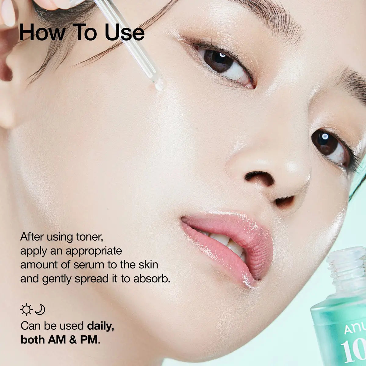 Close-up of a person's face with text on how to use toner and serum, and a bottle of toner in the corner.