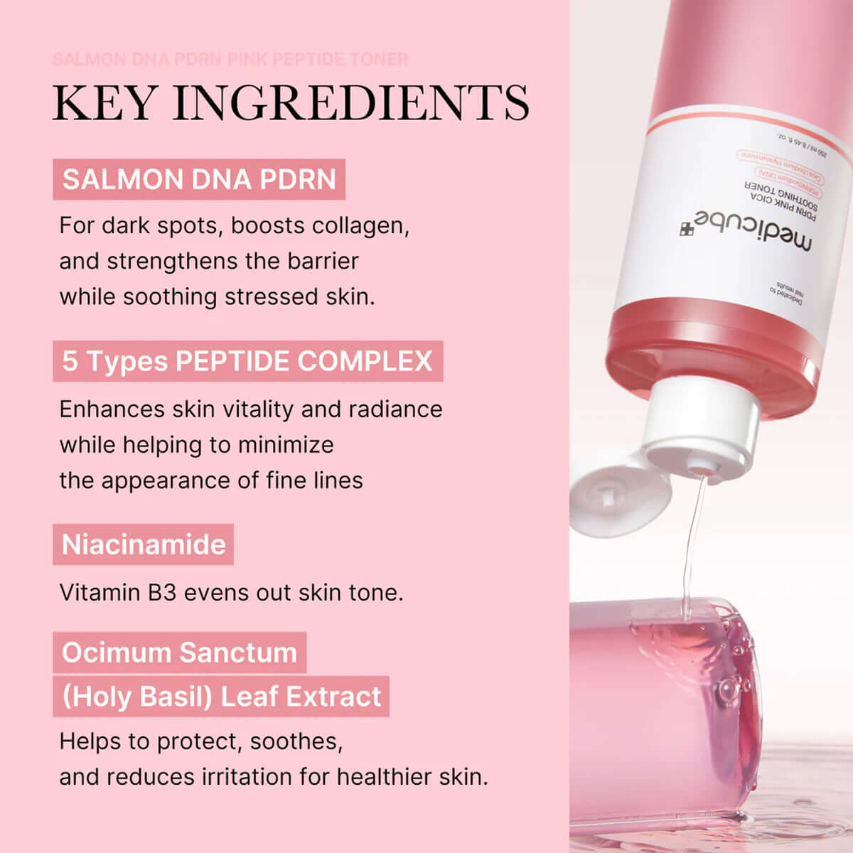 Cosmetic bottle with key ingredients listed on a pink background