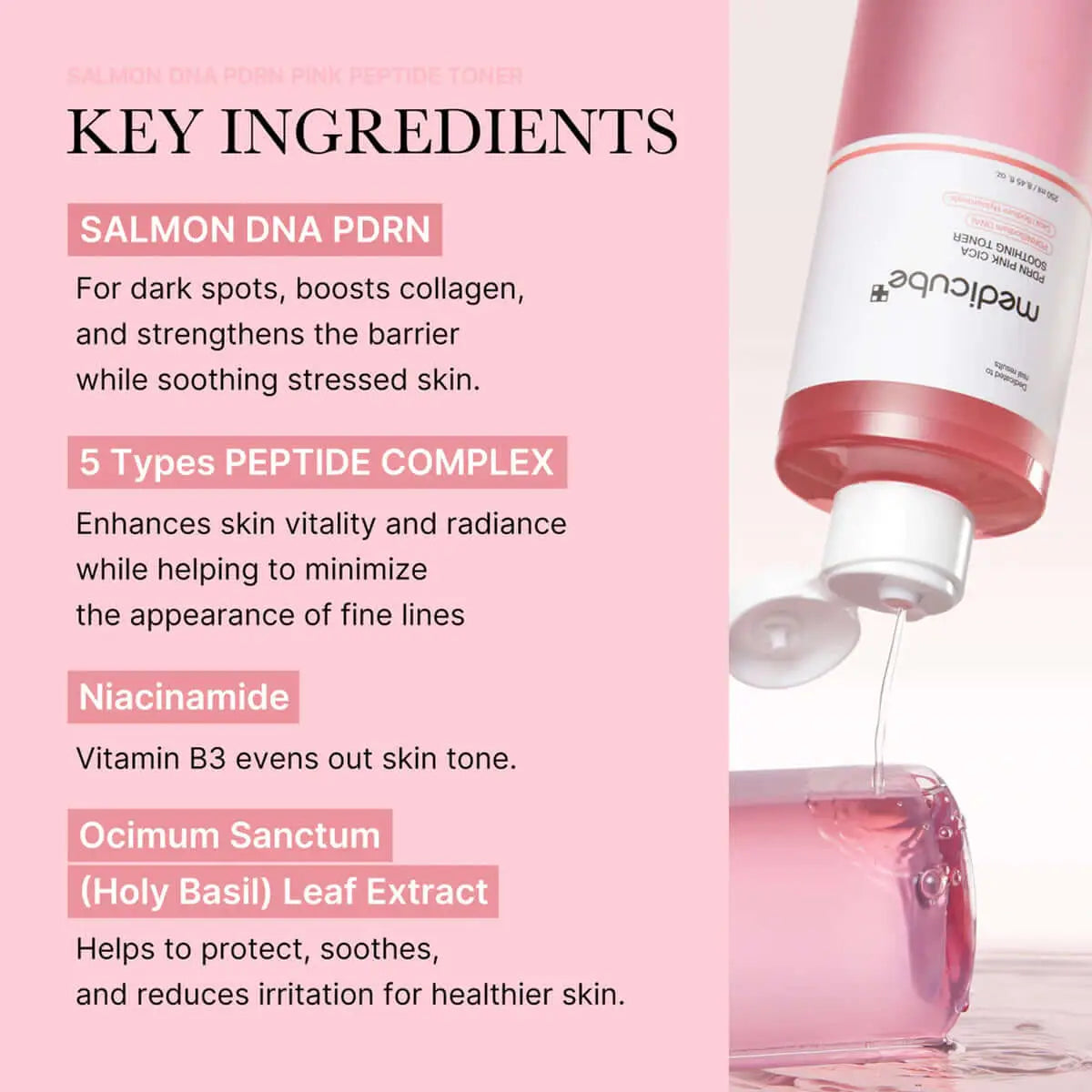 Cosmetic product with key ingredients listed on a pink background