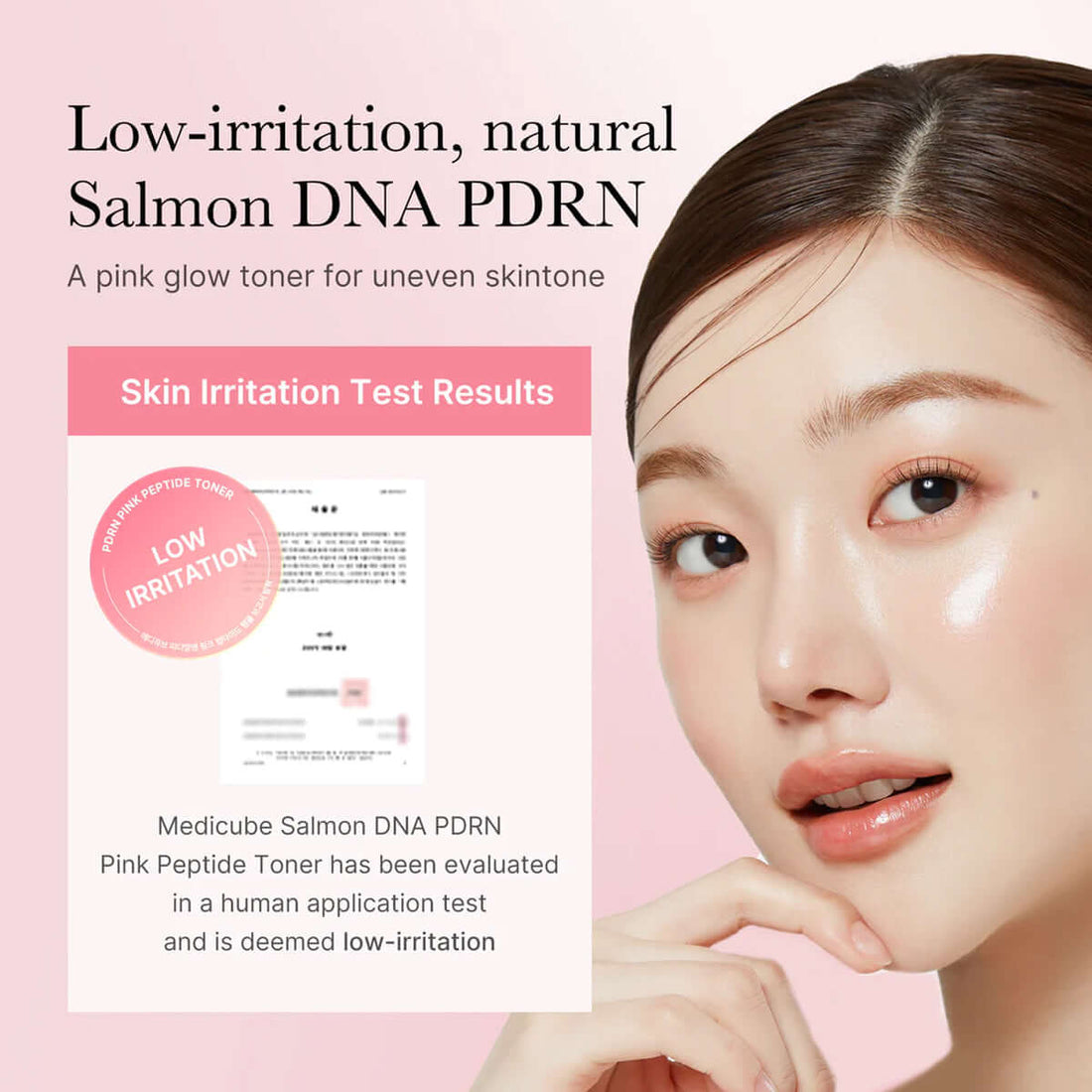 Woman with a pink glow toner on her face, with text about low-irritation Salmon DNA PDRN toner.