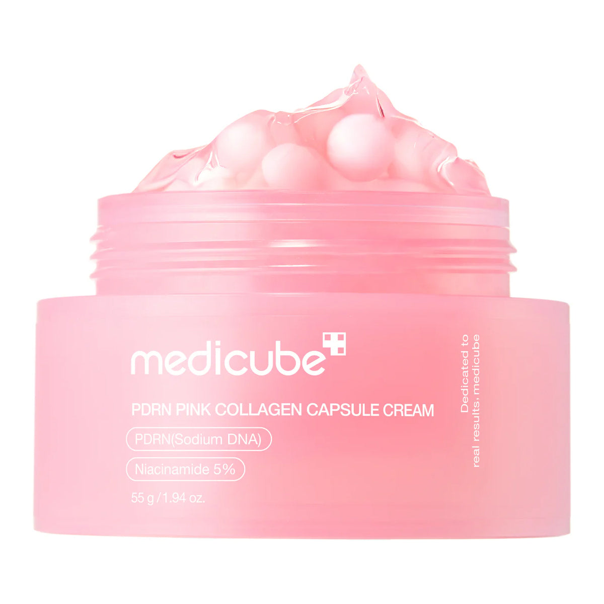 Pink collagen capsule cream jar with visible brand name on a white background