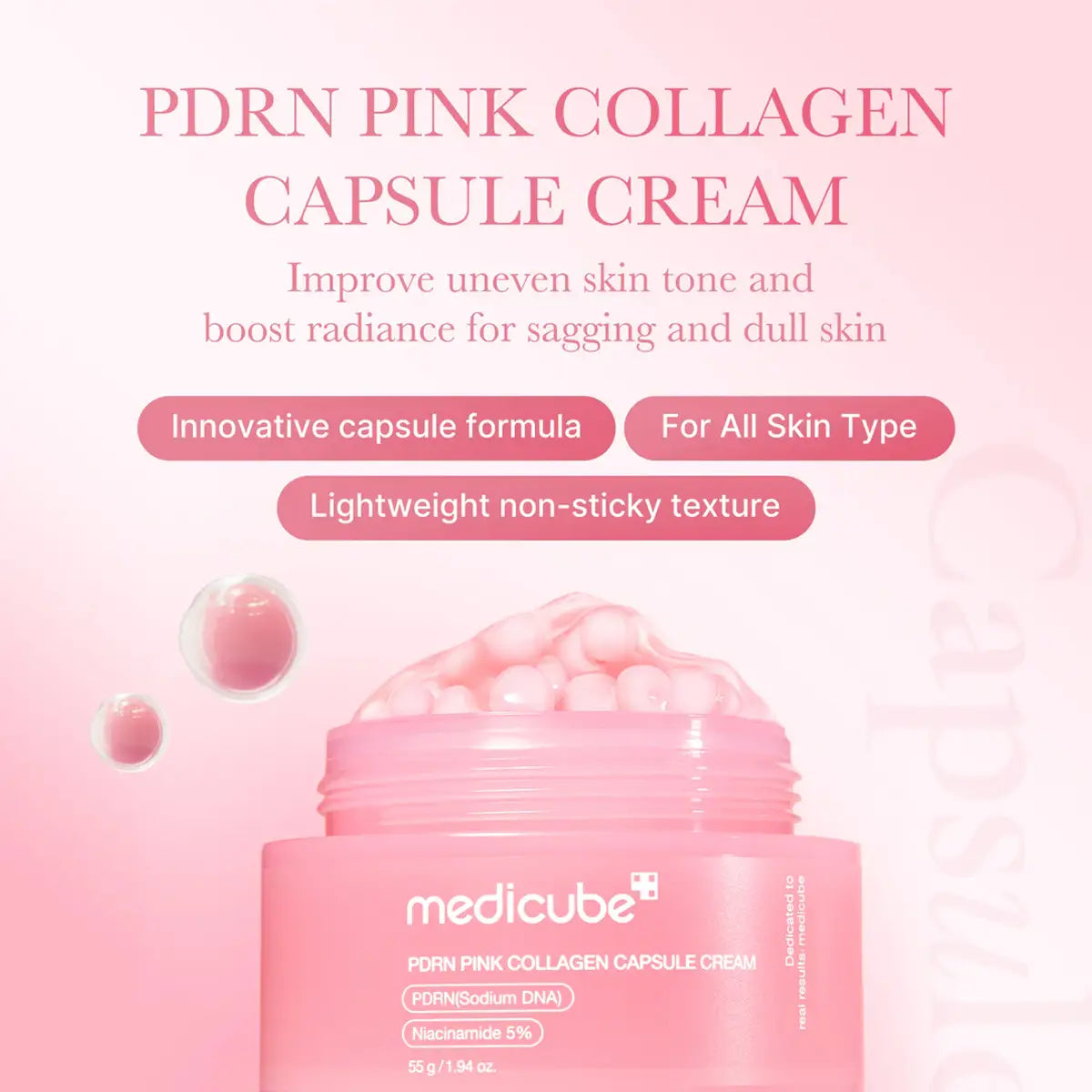 Pink collagen capsule cream jar with product description on a pink background