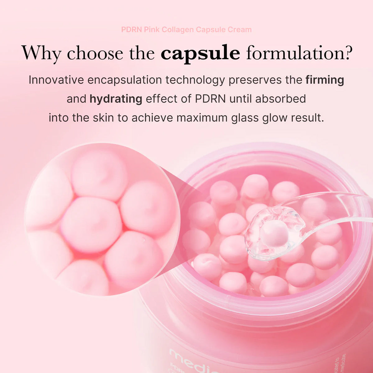 Pink collagen capsule cream with text explaining its benefits on a pink background