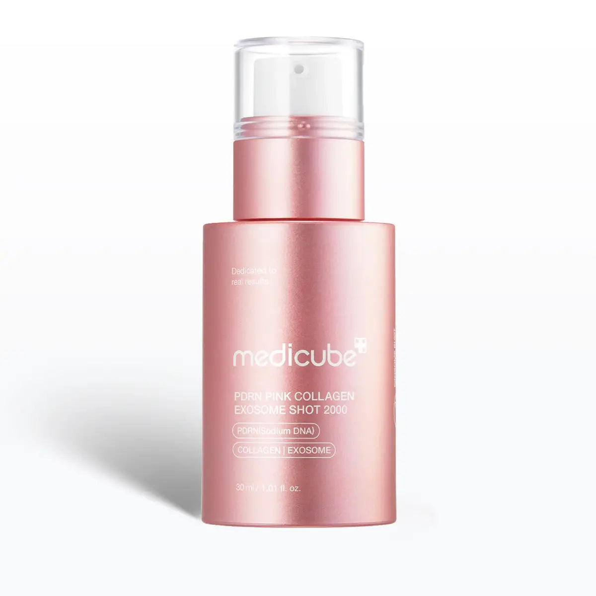 Pink skincare bottle with Medicube branding on a white background