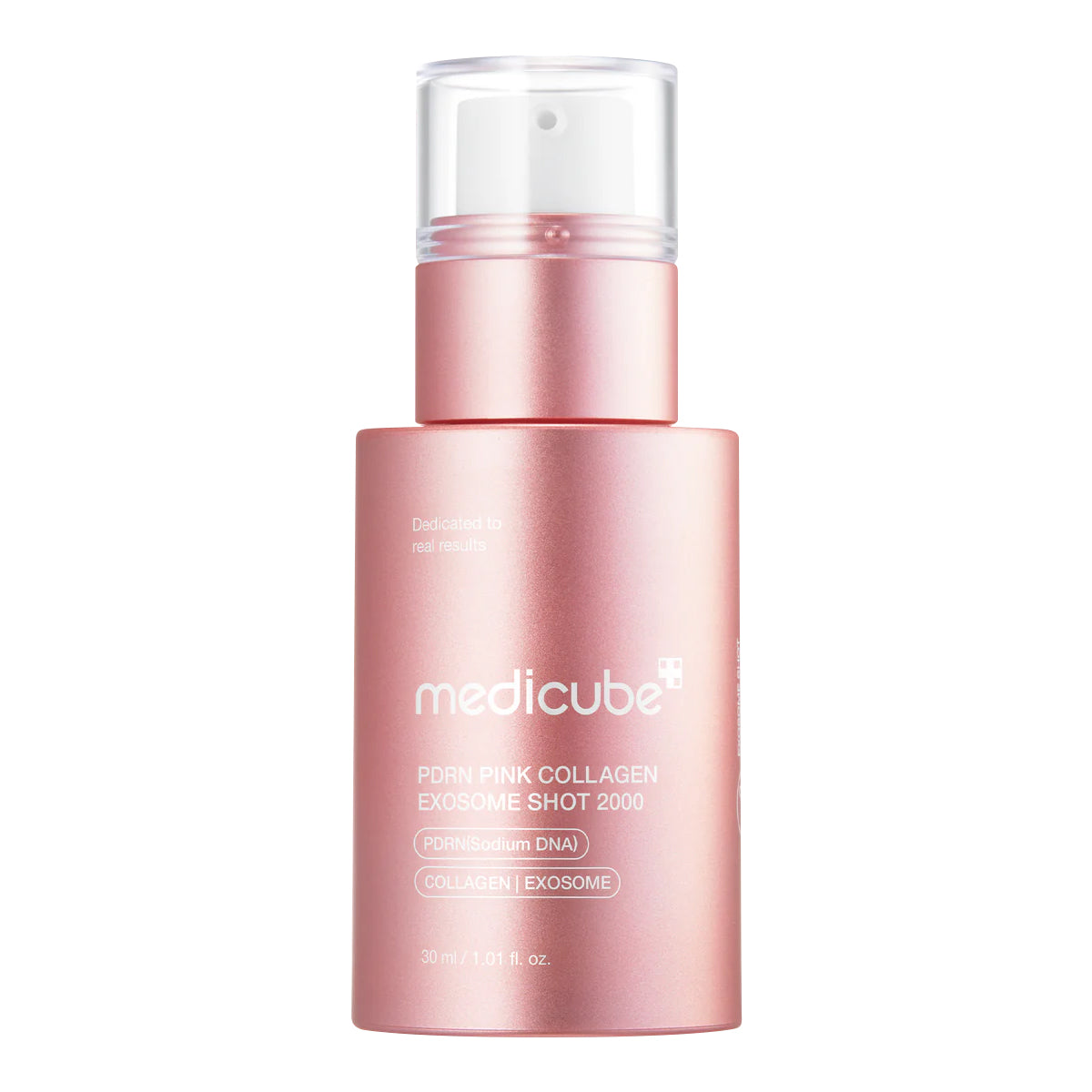 Pink skincare serum bottle with Medicube branding on a white background