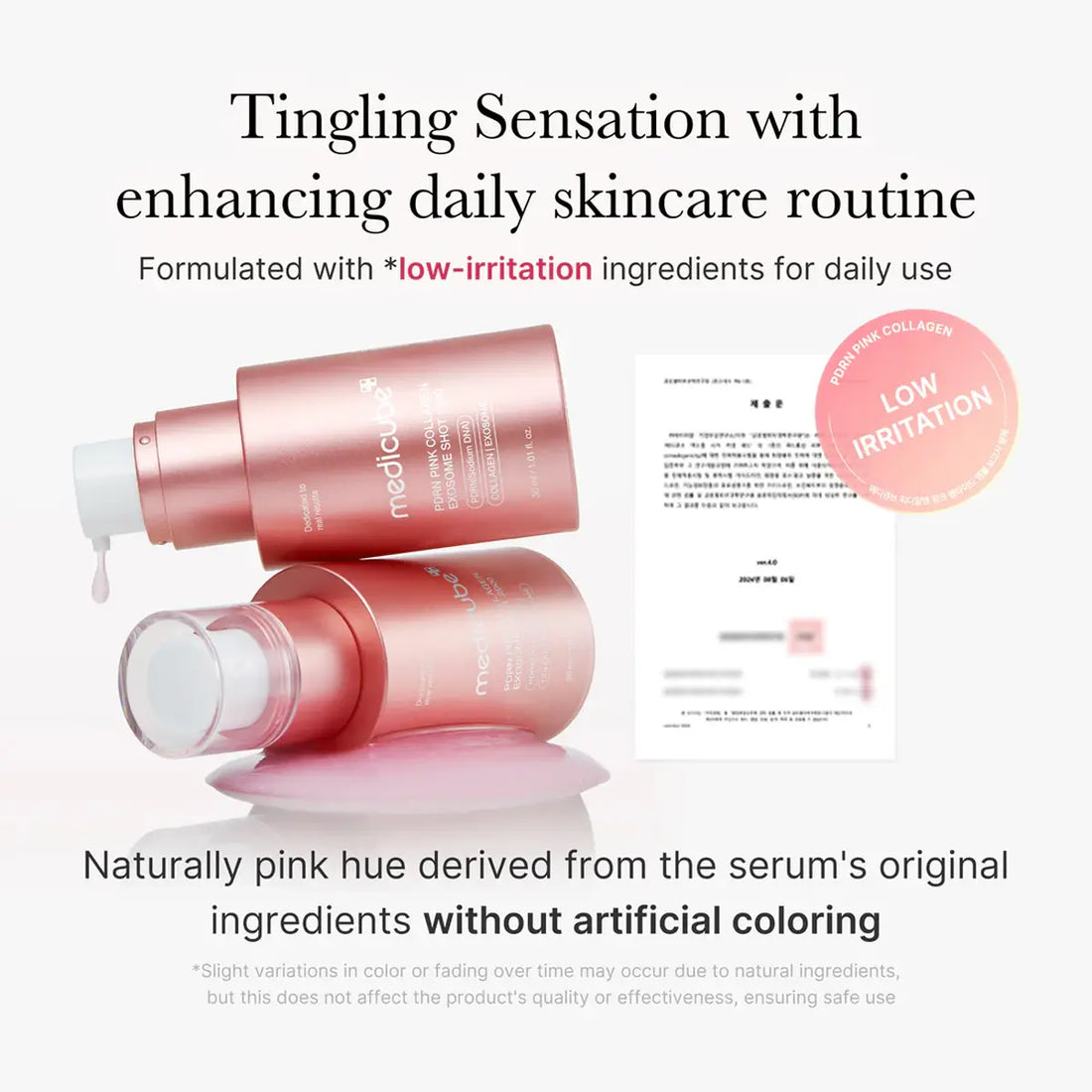 Pink skincare serum bottles with text about low-irritation ingredients on a white background