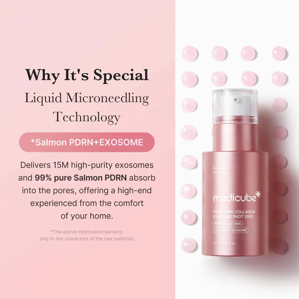 Pink skincare bottle with text about liquid microneedling technology on a pink background