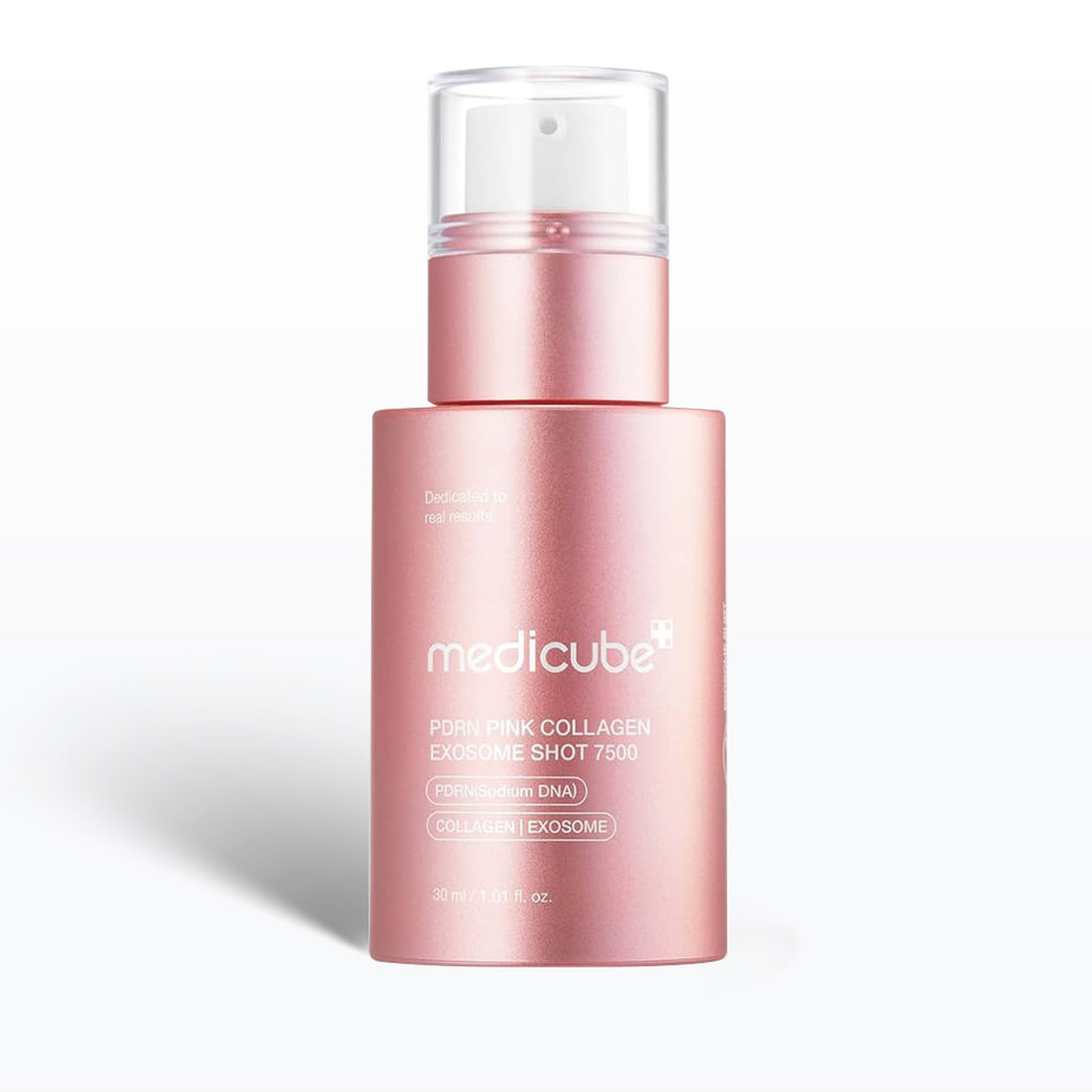 Pink skincare serum bottle with 'medicube' branding on a white background