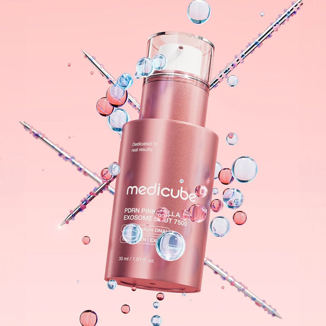 Medicube skincare product on a pink background with decorative elements