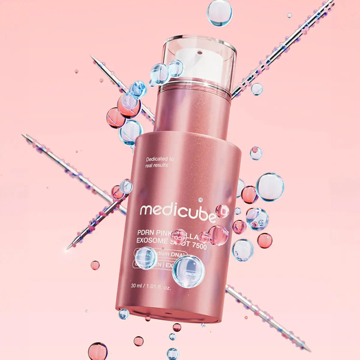 Medicube skincare product on a pink background with decorative elements