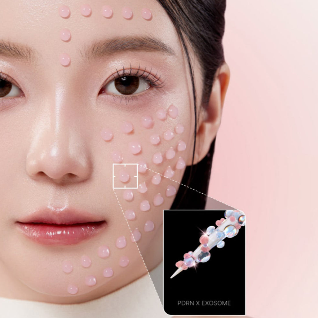 Woman's face with pink dots on skin, inset showing product details.