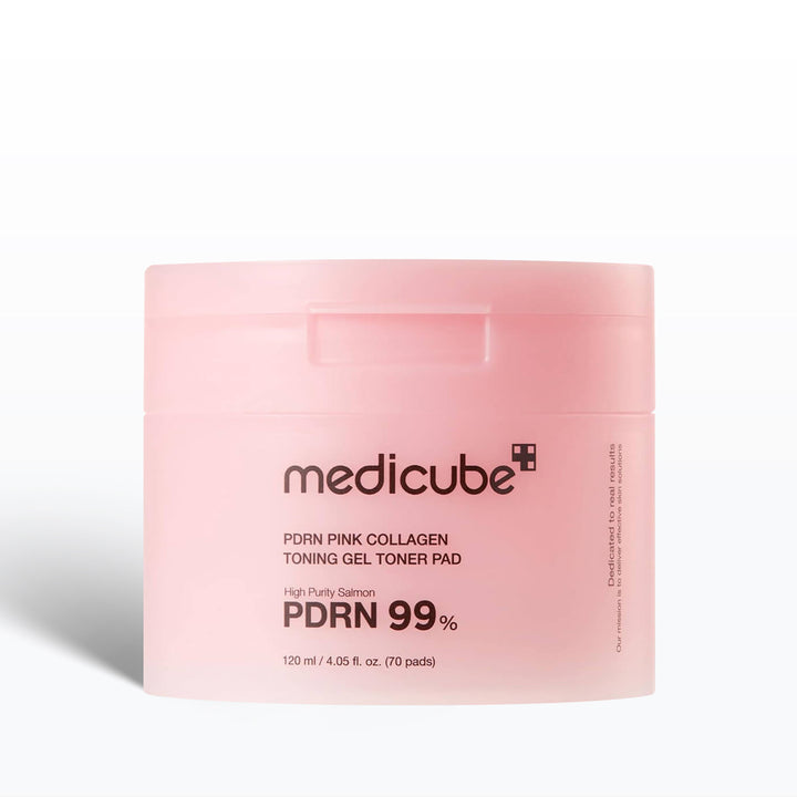 Pink packaging of Medicube toning gel toner pad on a white background