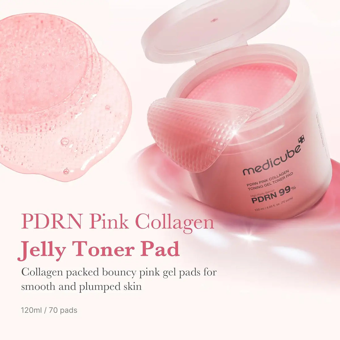 Pink collagen jelly toner pad with packaging on a white background