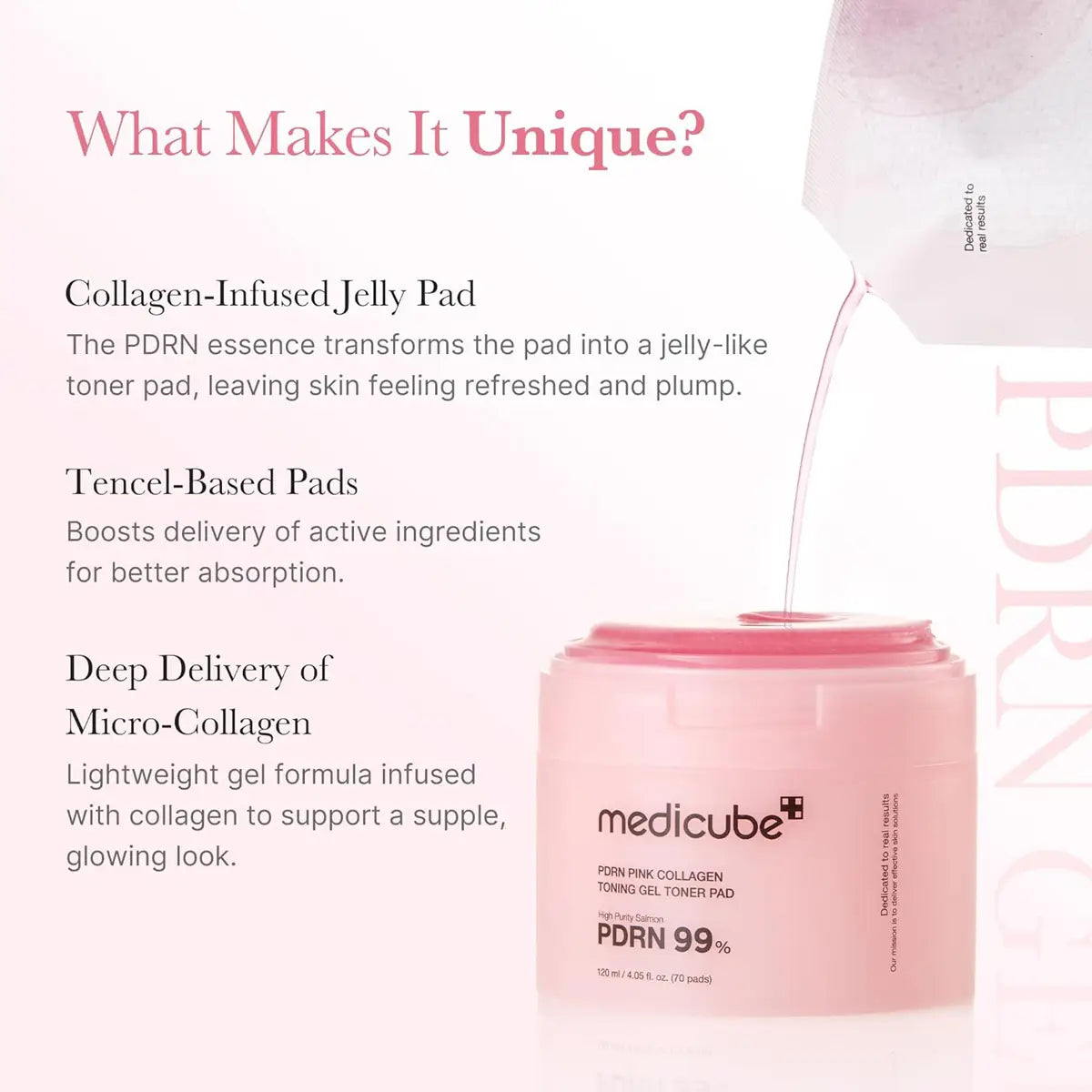 Pink jelly pad with text explaining its unique features on a white background