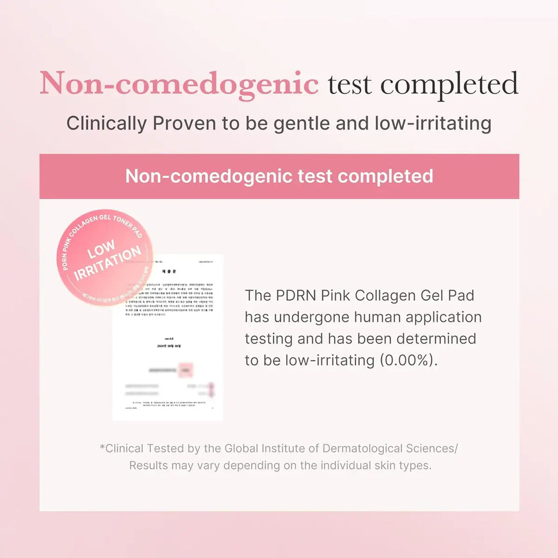 Pink background with text about a non-comedogenic test for a PDRN Pink Collagen Gel Pad.