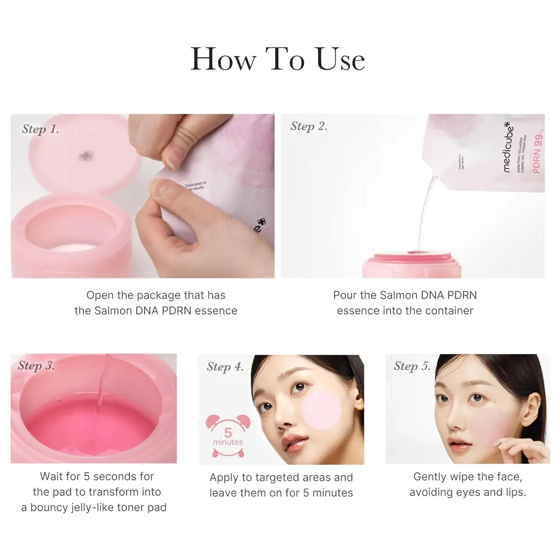 Step-by-step guide on how to use a skincare product with images and text.