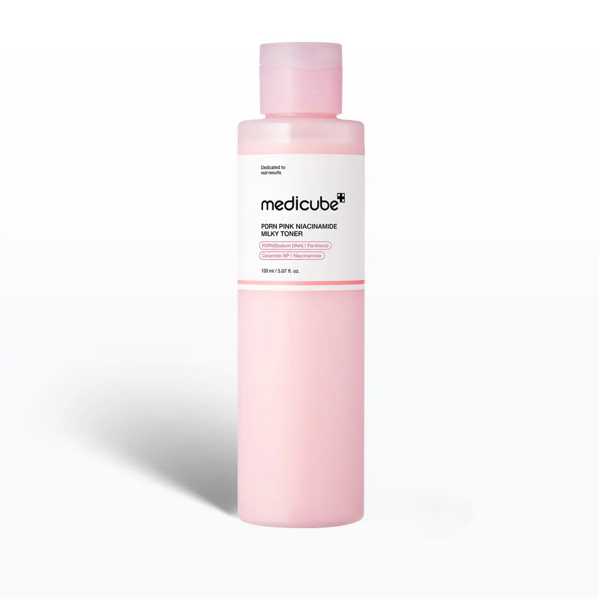 Pink bottle of Medicube toner on a white background