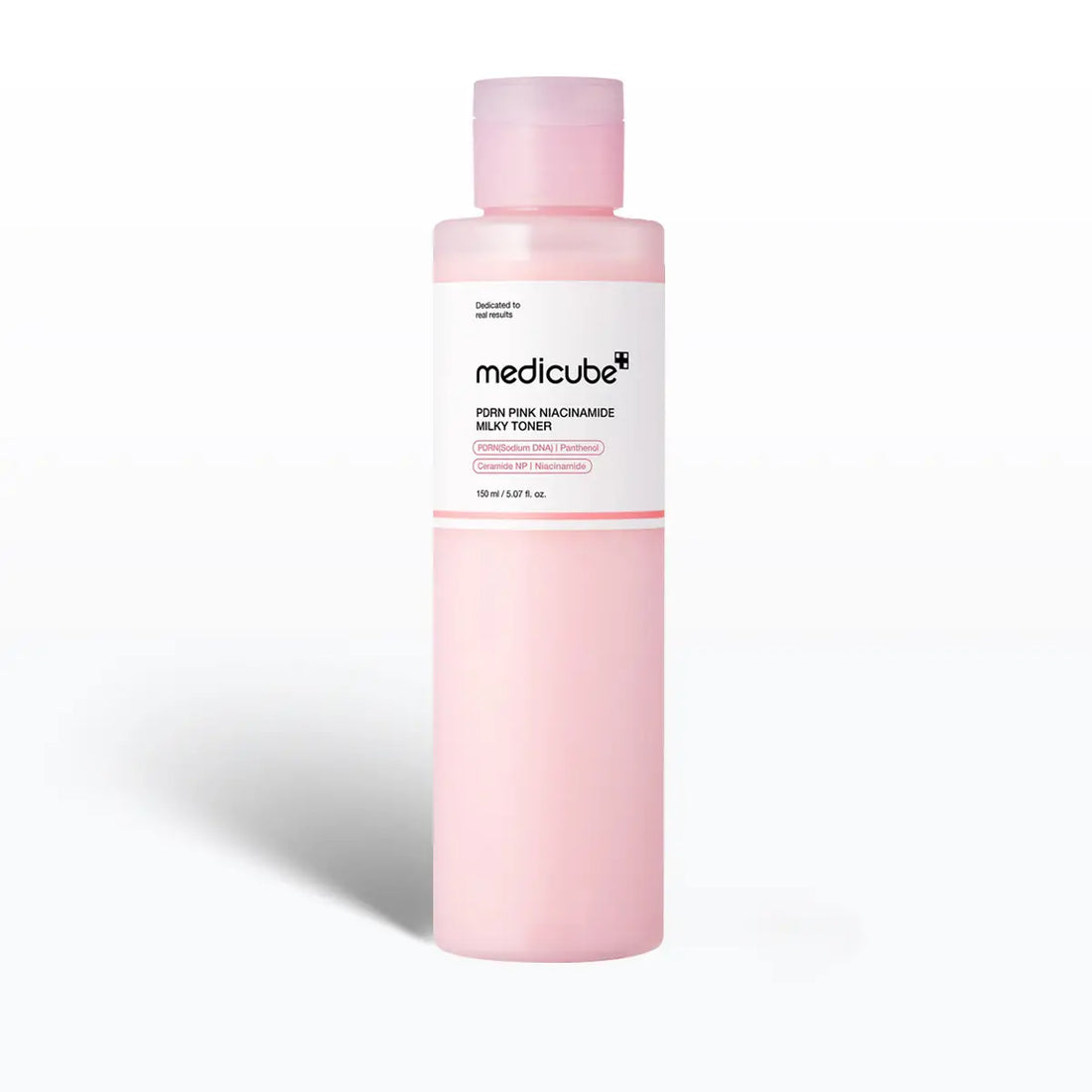 Pink bottle of Medicube toner on a white background
