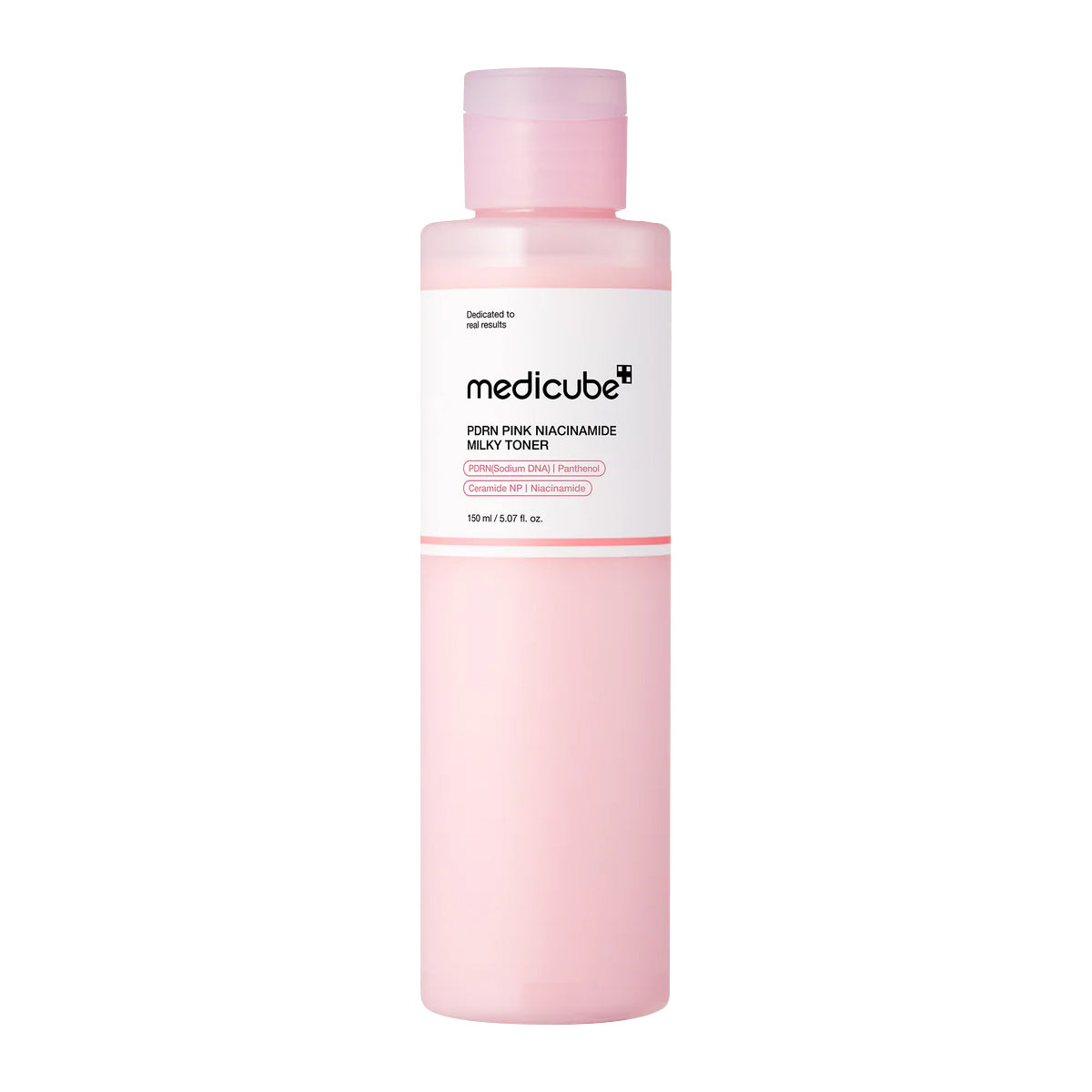 Pink bottle of Medicube toner on a white background