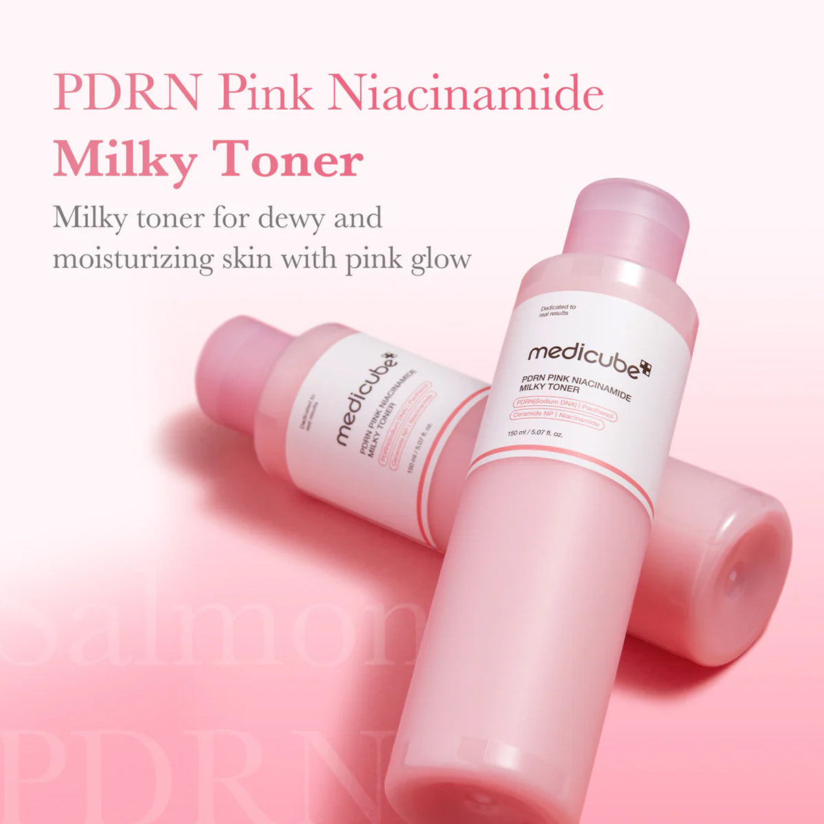 Pink Niacinamide Milky Toner with 'medicube' branding on a pink background